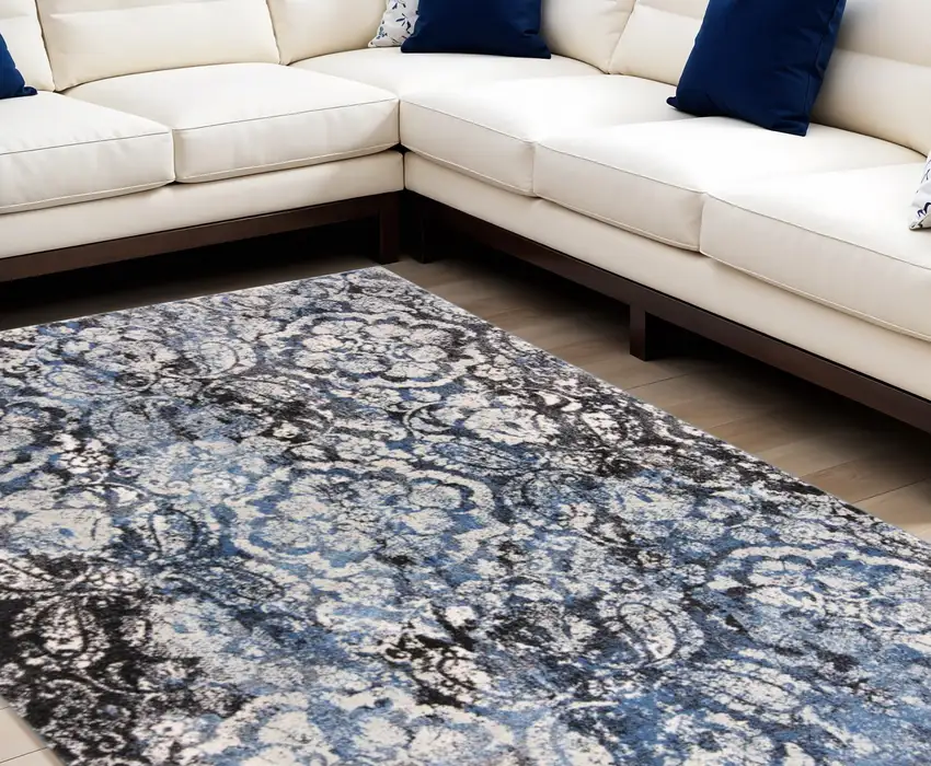 Blue Black and Ivory Abstract Power Loom Distressed Area Rug Photo 1