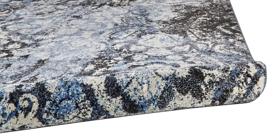 Blue Black and Ivory Abstract Power Loom Distressed Area Rug Photo 8