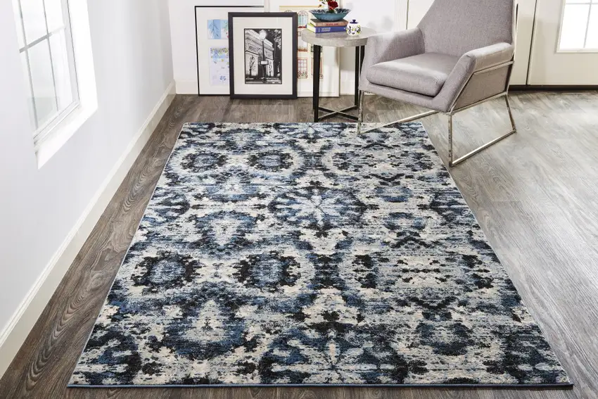 Blue Black and Ivory Ikat Power Loom Area Rug Photo 9