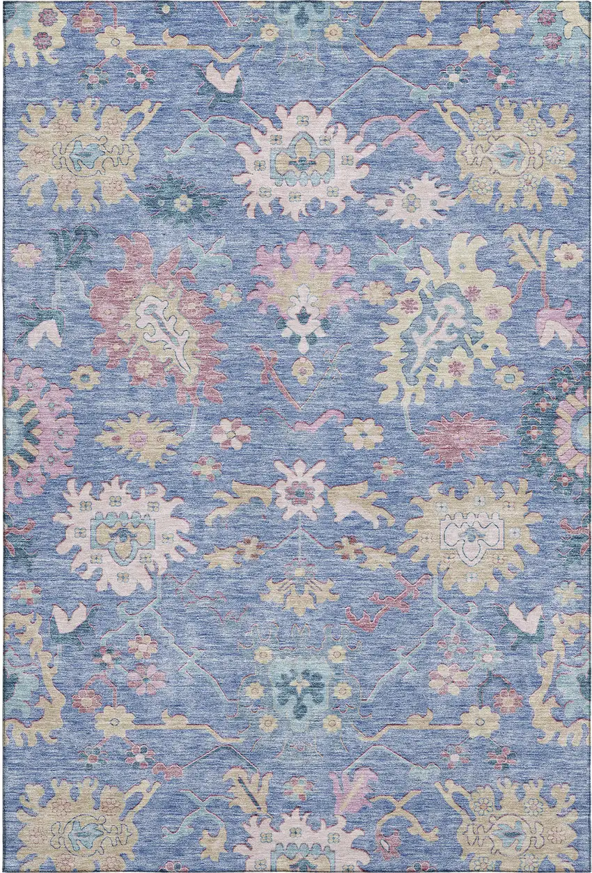 Blue Blush And Gold Floral Washable Area Rug With UV Protection Photo 5