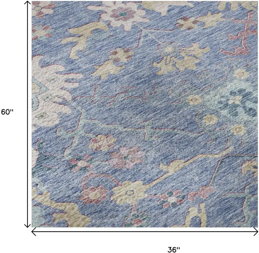 Blue Blush And Gold Floral Washable Area Rug With UV Protection Photo 9