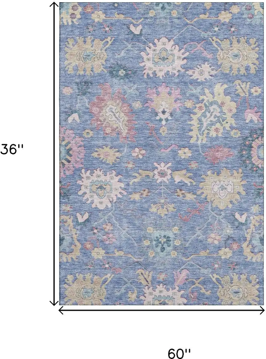 Blue Blush And Gold Floral Washable Area Rug With UV Protection Photo 9