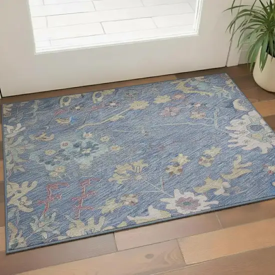 Blue Blush And Gold Floral Washable Area Rug With UV Protection Photo 2