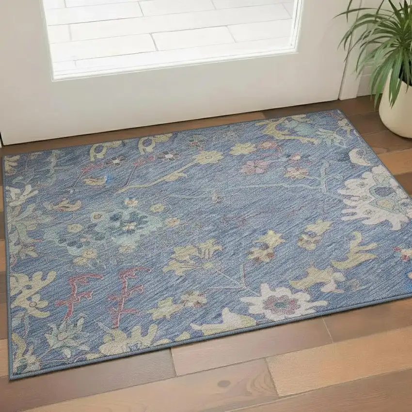 Blue Blush And Gold Floral Washable Area Rug With UV Protection Photo 2
