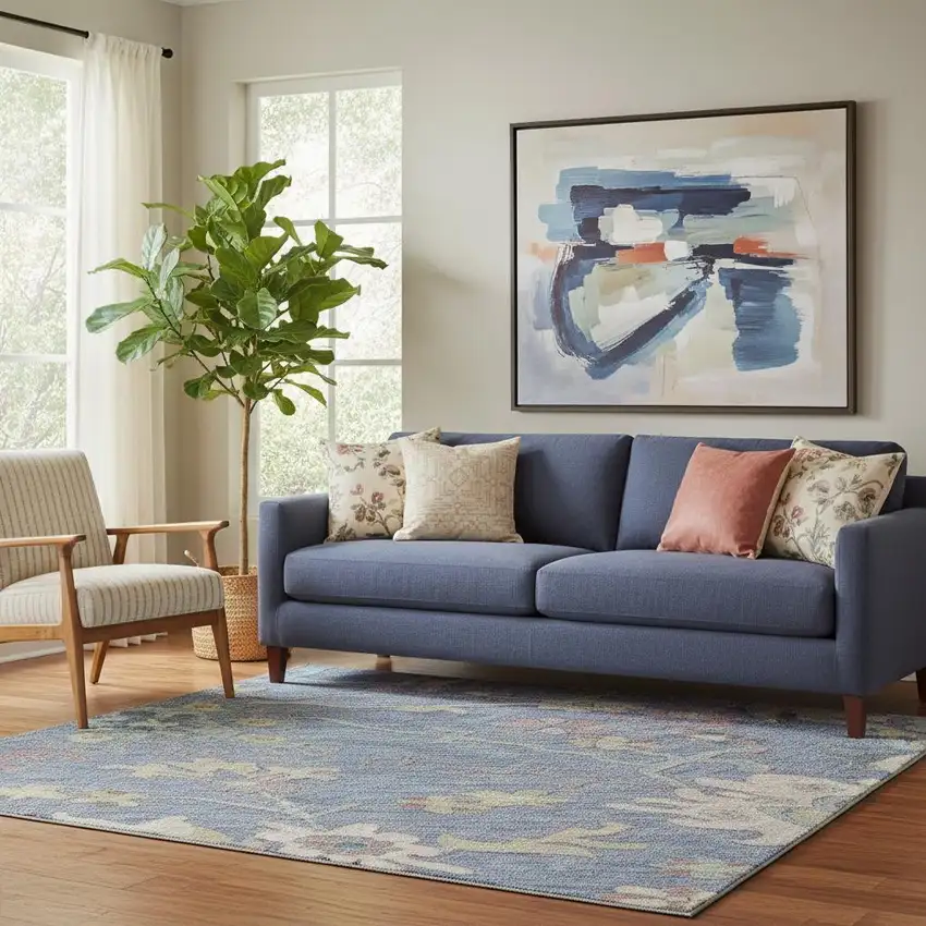 Blue Blush And Gold Floral Washable Area Rug With UV Protection Photo 1