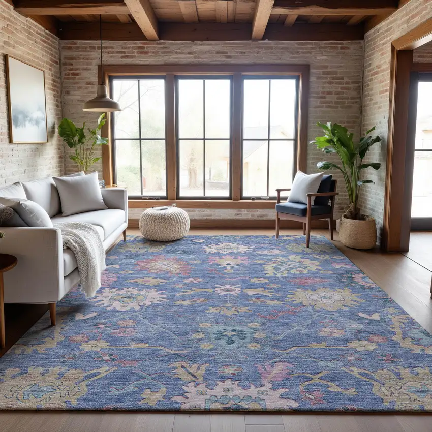 Blue Blush And Gold Floral Washable Area Rug With UV Protection Photo 3