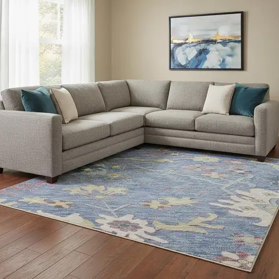 Blue Blush And Gold Floral Washable Area Rug With UV Protection Photo 2