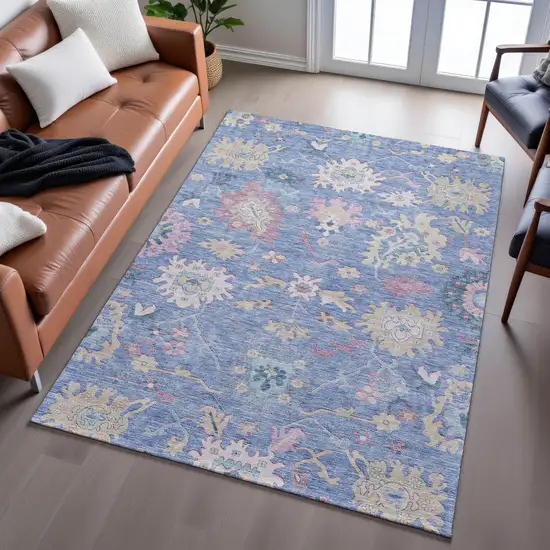 Blue Blush And Gold Floral Washable Area Rug With UV Protection Photo 4
