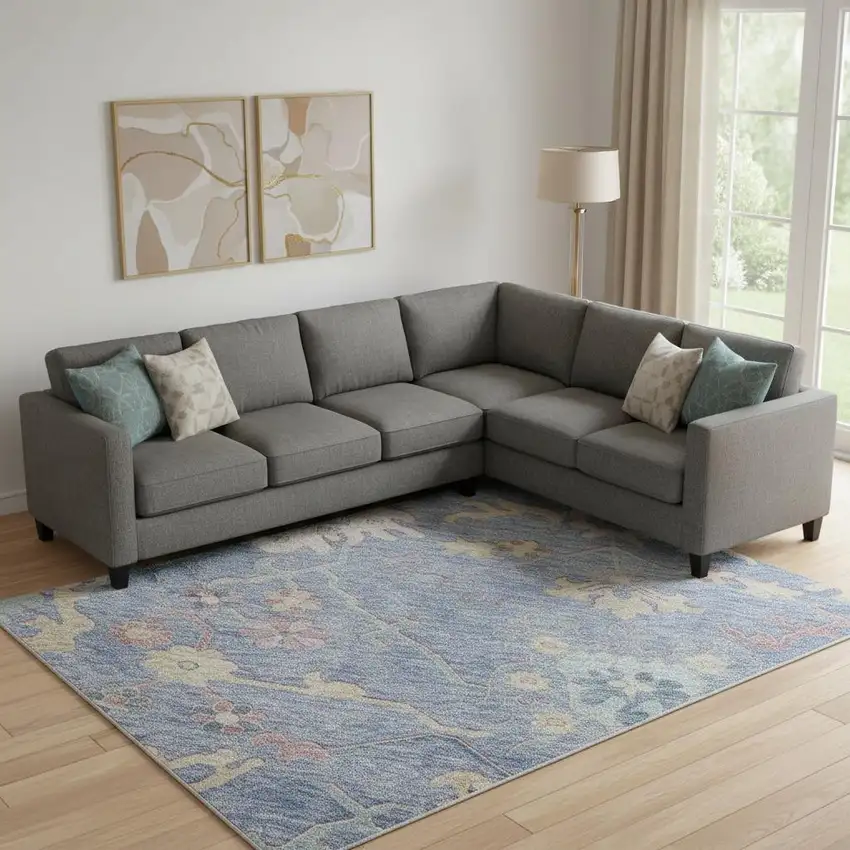 Blue Blush And Gold Floral Washable Area Rug With UV Protection Photo 2