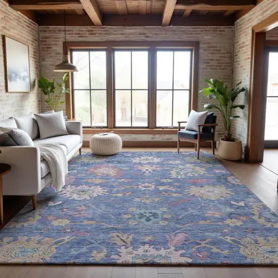 Blue Blush And Gold Floral Washable Area Rug With UV Protection Photo 5