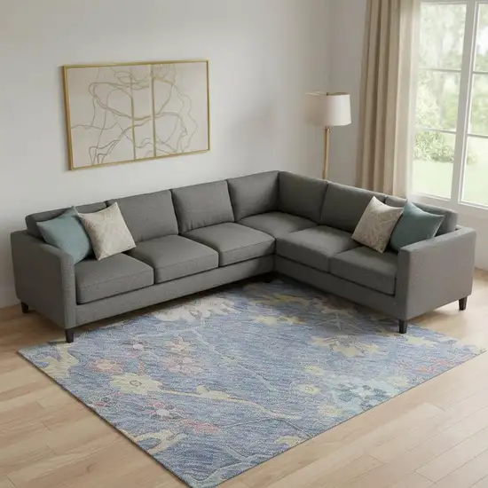 Blue Blush And Gold Floral Washable Area Rug With UV Protection Photo 2