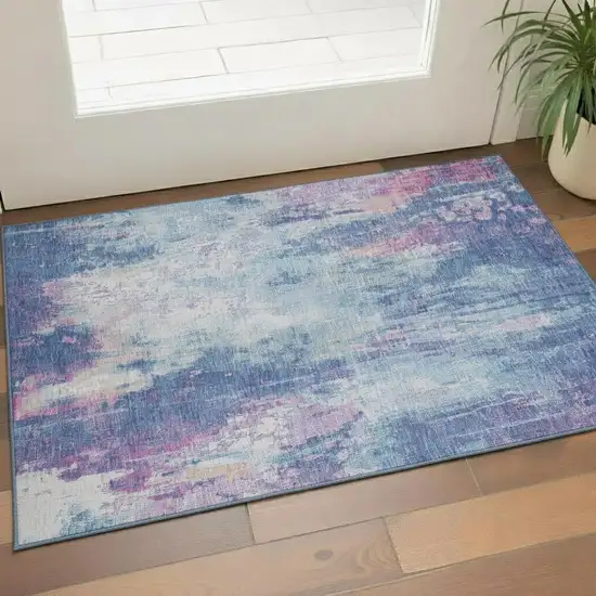 Blue Blush And Ivory Abstract Washable Area Rug With UV Protection Photo 2