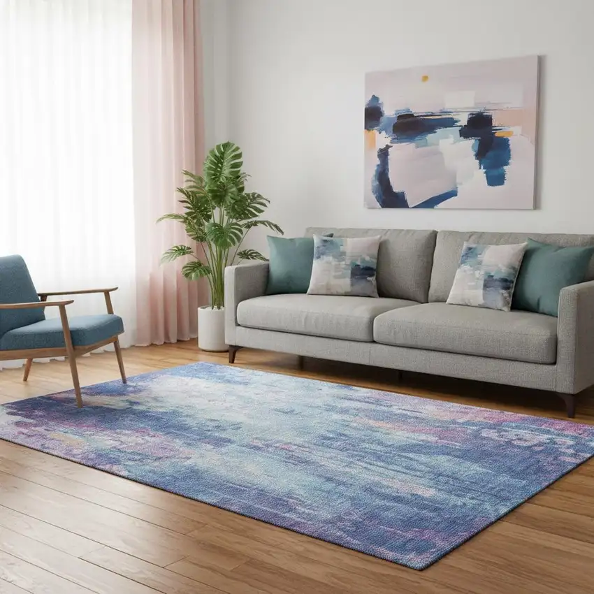 Blue Blush And Ivory Abstract Washable Area Rug With UV Protection Photo 2