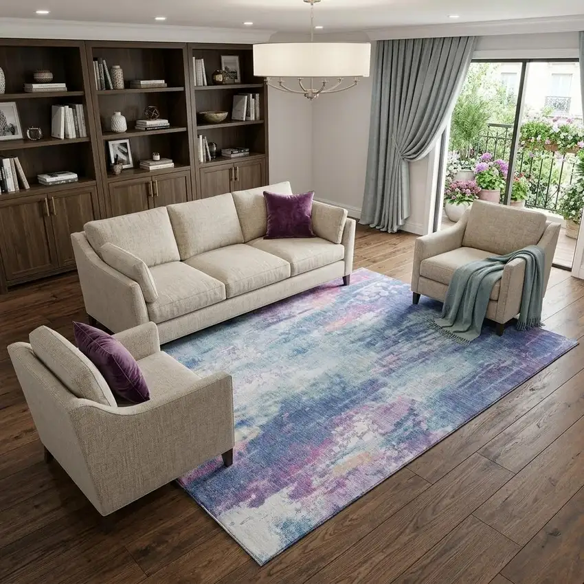 Blue Blush And Ivory Abstract Washable Area Rug With UV Protection Photo 1