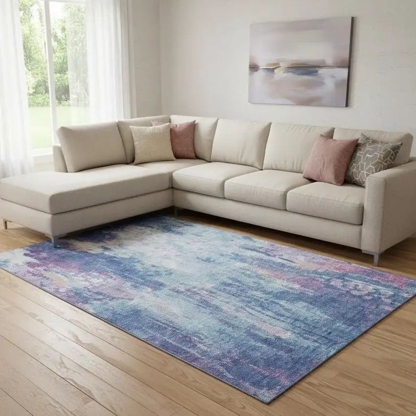 Blue Blush And Ivory Abstract Washable Area Rug With UV Protection Photo 2