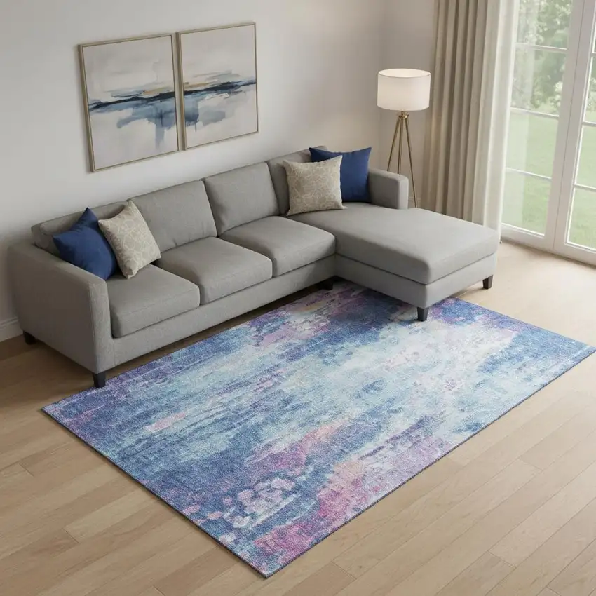 Blue Blush And Ivory Abstract Washable Area Rug With UV Protection Photo 2