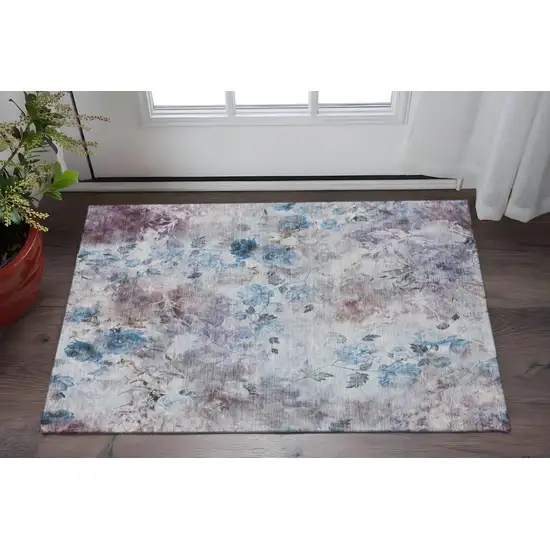 Blue Blush And Ivory Floral Washable Area Rug With UV Protection Photo 2
