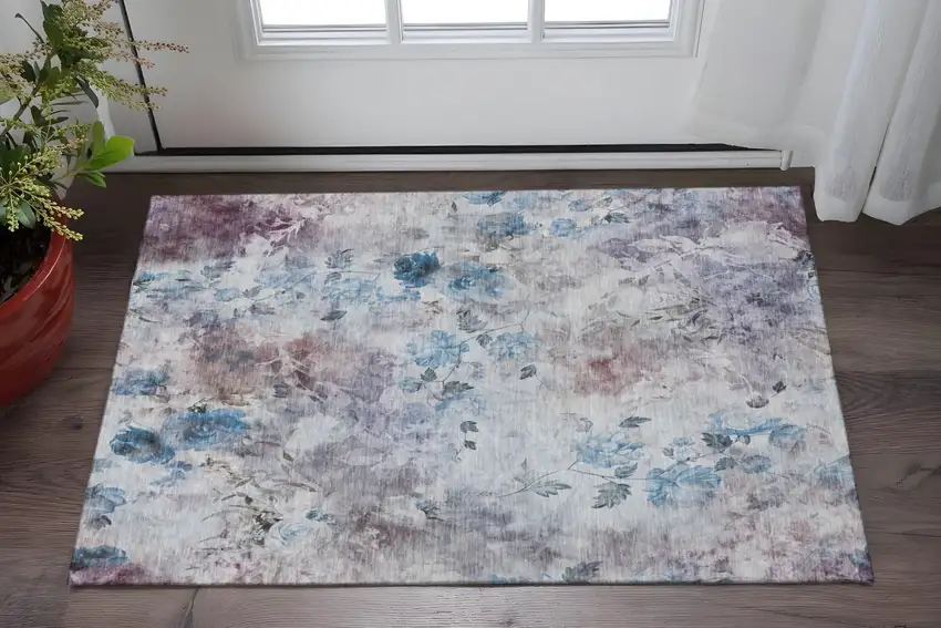 Blue Blush And Ivory Floral Washable Area Rug With UV Protection Photo 2