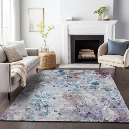 Blue Blush And Ivory Floral Washable Area Rug With UV Protection Photo 5