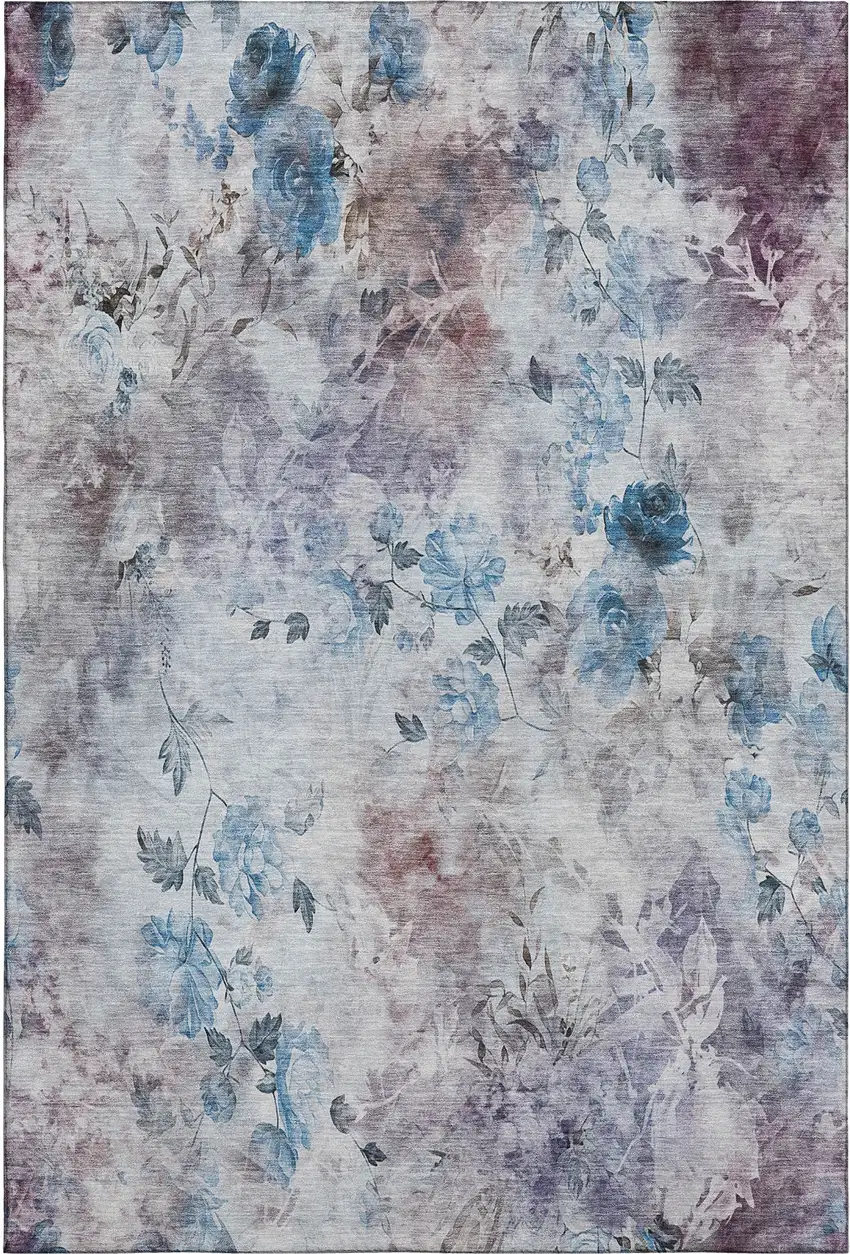 Blue Blush And Ivory Floral Washable Area Rug With UV Protection Photo 1