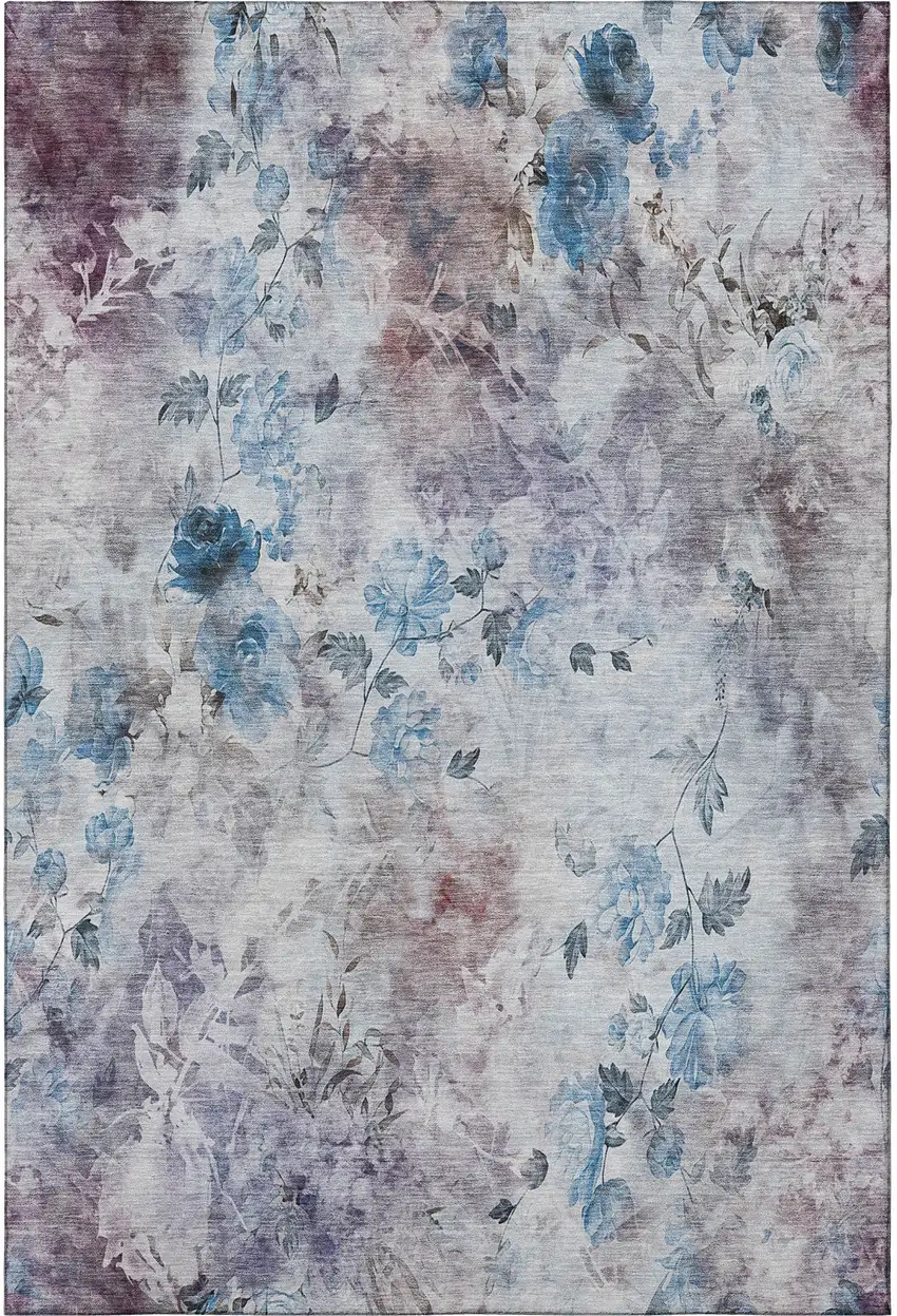 Blue Blush And Ivory Floral Washable Area Rug With UV Protection Photo 3