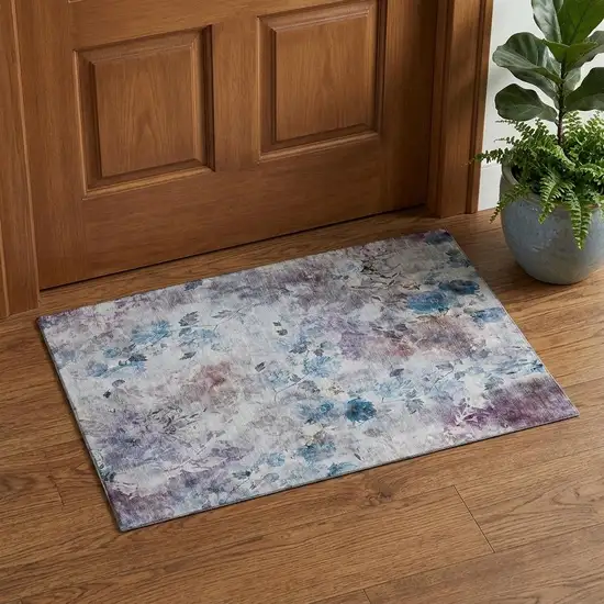 Blue Blush And Ivory Floral Washable Area Rug With UV Protection Photo 1