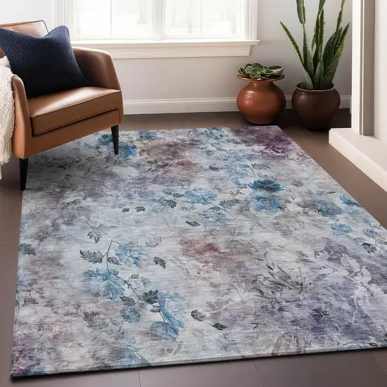 Blue Blush And Ivory Floral Washable Area Rug With UV Protection Photo 6