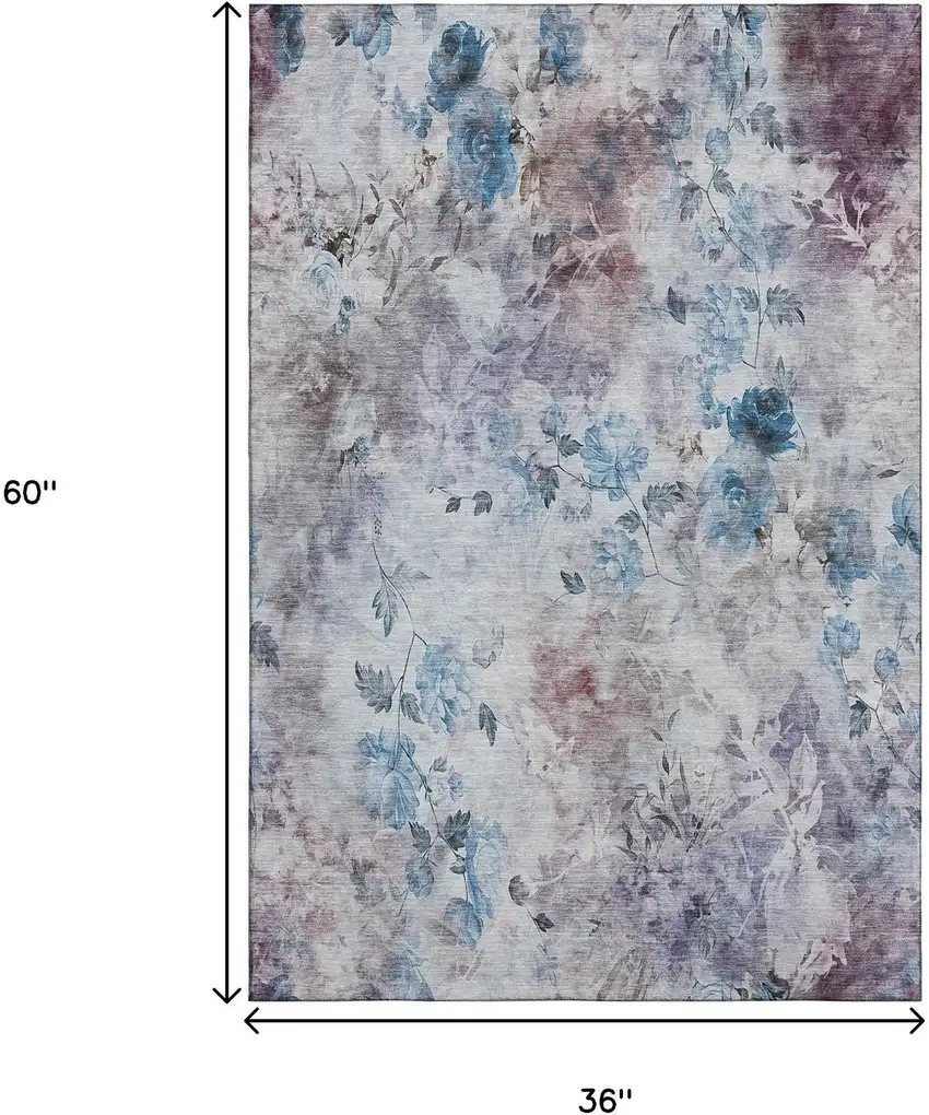 Blue Blush And Ivory Floral Washable Area Rug With UV Protection Photo 7