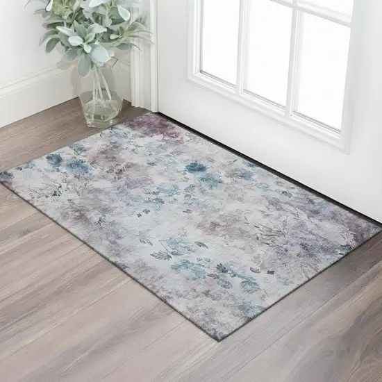 Blue Blush And Ivory Floral Washable Area Rug With UV Protection Photo 1