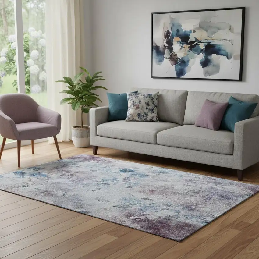 Blue Blush And Ivory Floral Washable Area Rug With UV Protection Photo 1