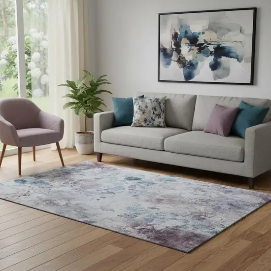 Blue Blush And Ivory Floral Washable Area Rug With UV Protection Photo 1