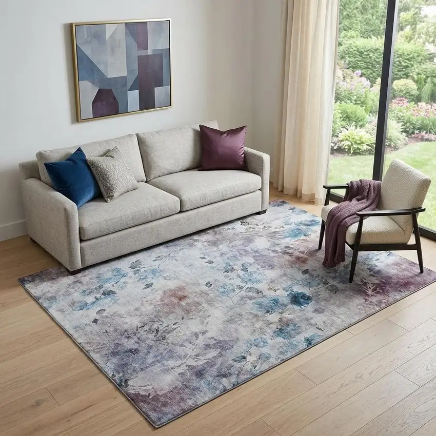 Blue Blush And Ivory Floral Washable Area Rug With UV Protection Photo 1