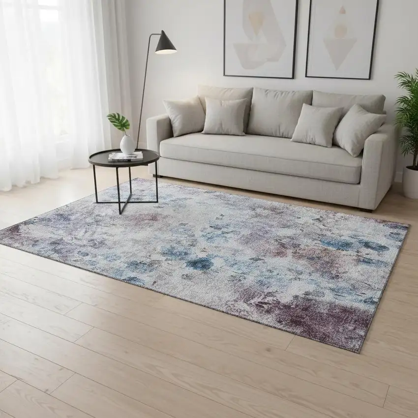 Blue Blush And Ivory Floral Washable Area Rug With UV Protection Photo 1
