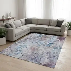 Photo of Blue Blush And Ivory Floral Washable Area Rug With UV Protection