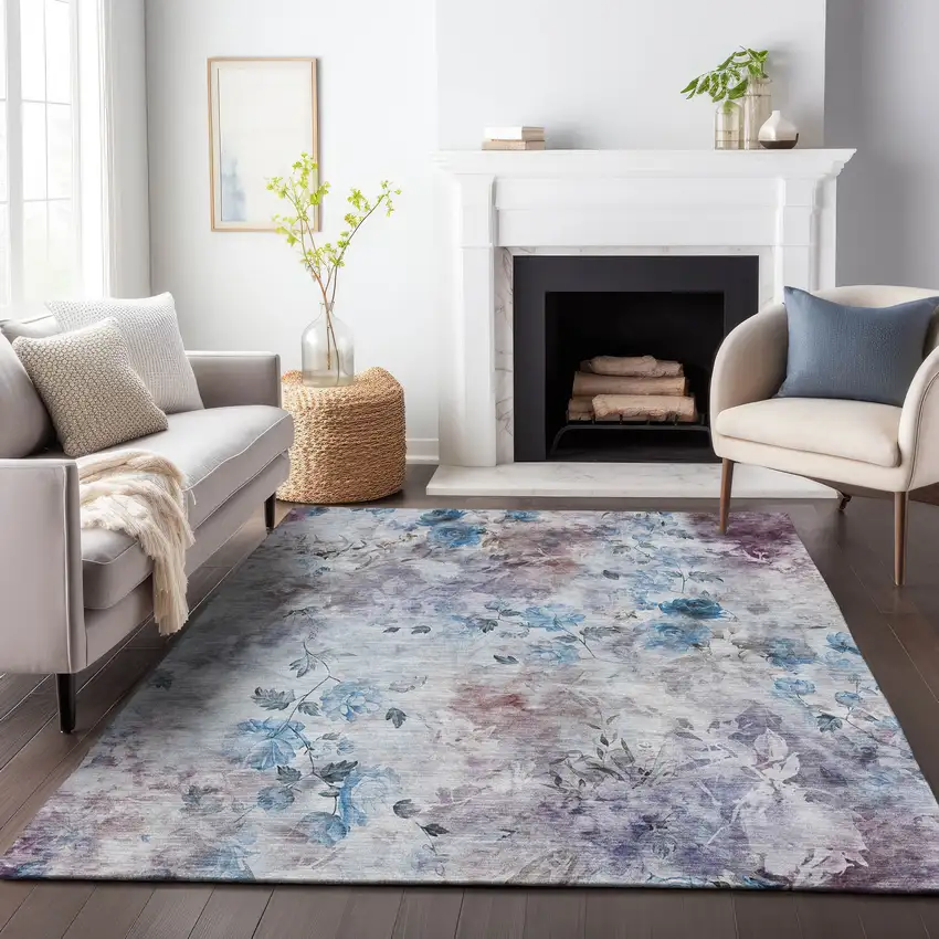 Blue Blush And Ivory Floral Washable Area Rug With UV Protection Photo 6