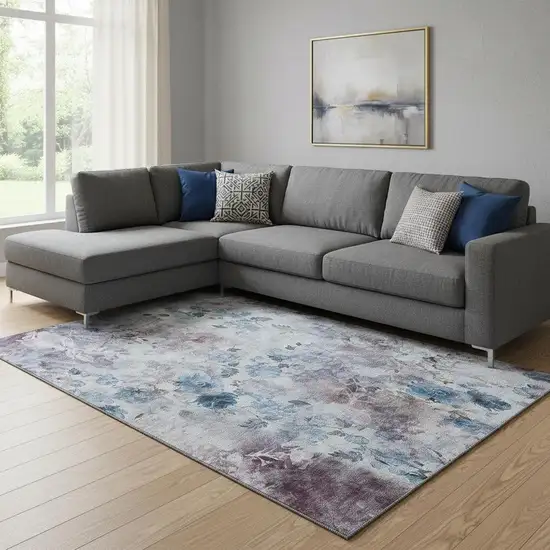 Blue Blush And Ivory Floral Washable Area Rug With UV Protection Photo 1