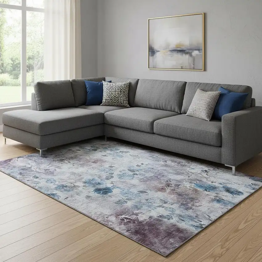 Blue Blush And Ivory Floral Washable Area Rug With UV Protection Photo 1