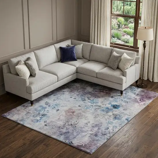 Blue Blush And Ivory Floral Washable Area Rug With UV Protection Photo 1