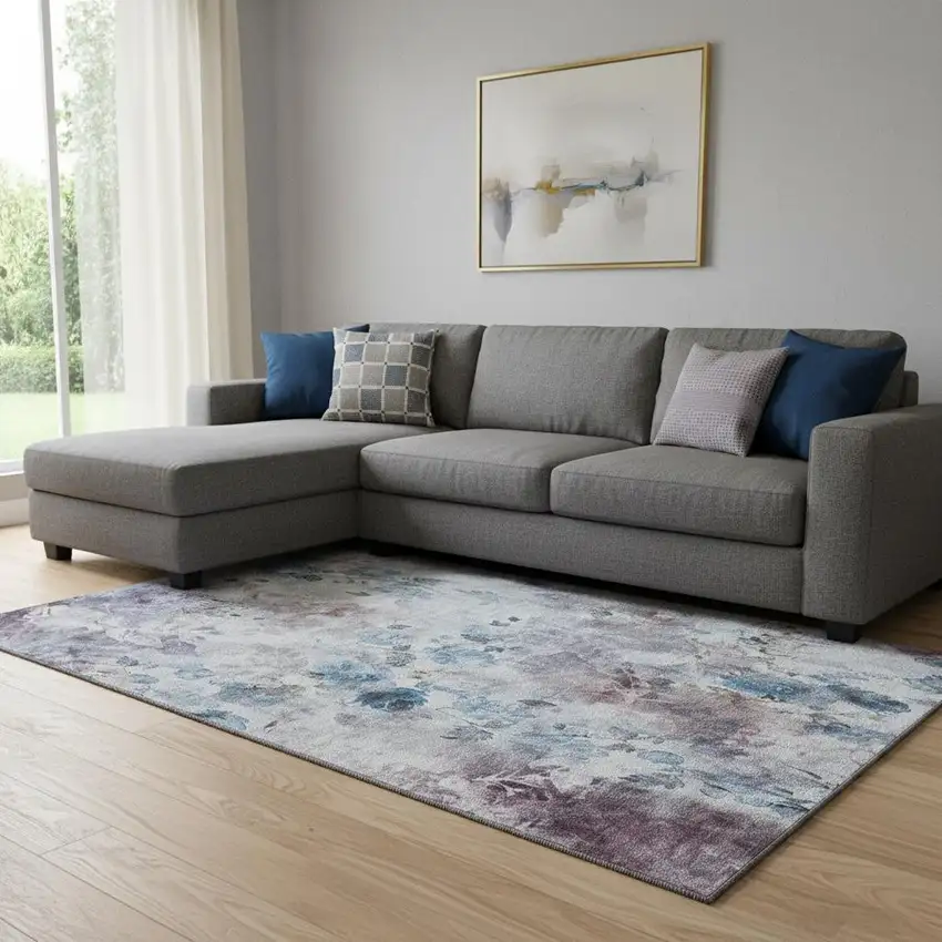 Blue Blush And Ivory Floral Washable Area Rug With UV Protection Photo 1