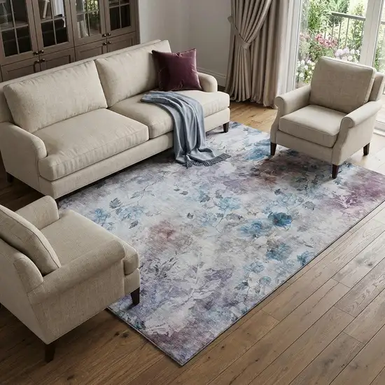 Blue Blush And Ivory Floral Washable Area Rug With UV Protection Photo 1