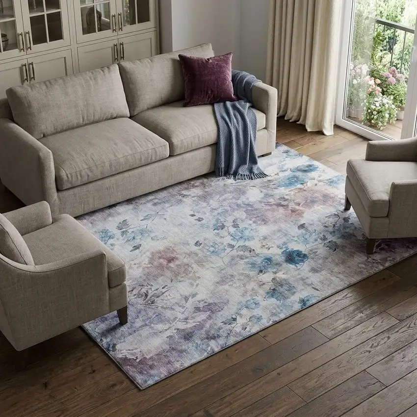 Blue Blush And Ivory Floral Washable Area Rug With UV Protection Photo 1