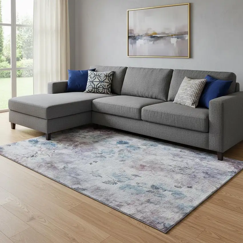 Blue Blush And Ivory Floral Washable Area Rug With UV Protection Photo 1