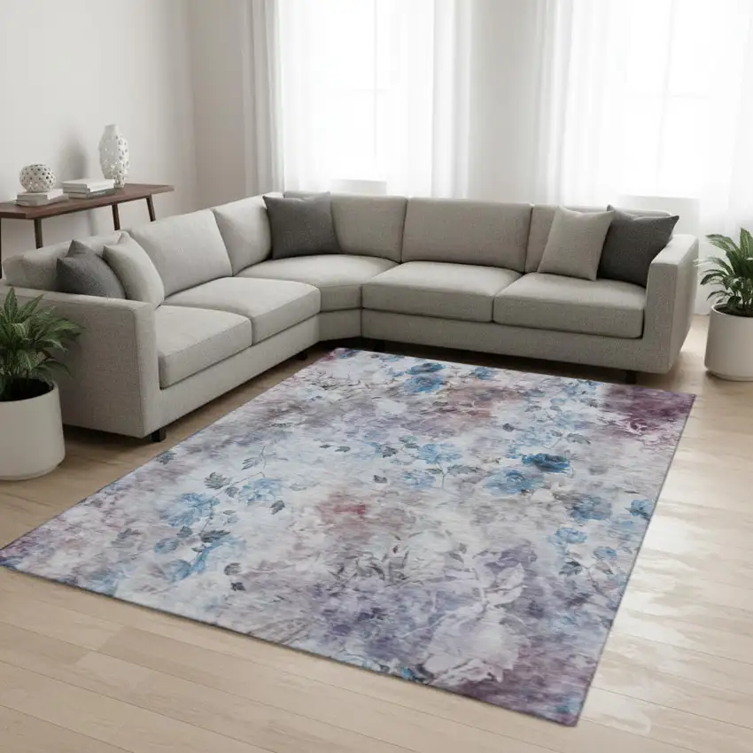 Blue Blush And Ivory Floral Washable Area Rug With UV Protection Photo 1