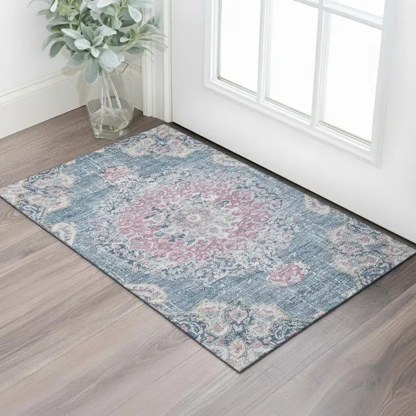 Blue Blush And Ivory Floral Washable Area Rug With UV Protection Photo 2