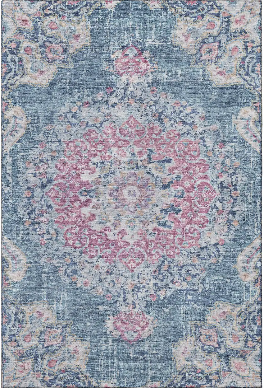 Blue Blush And Ivory Floral Washable Area Rug With UV Protection Photo 3