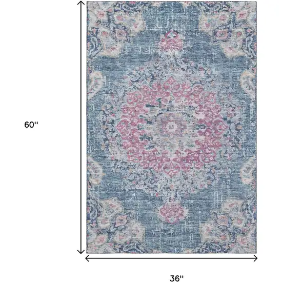 Blue Blush And Ivory Floral Washable Area Rug With UV Protection Photo 3