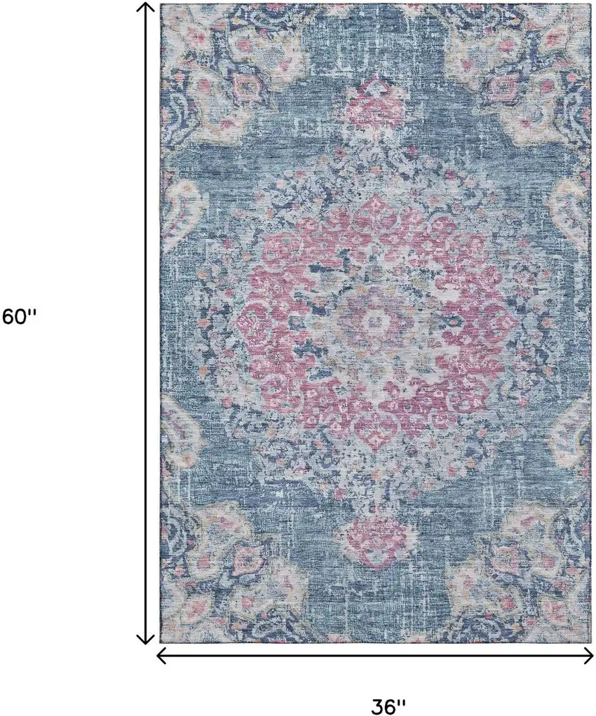 Blue Blush And Ivory Floral Washable Area Rug With UV Protection Photo 3