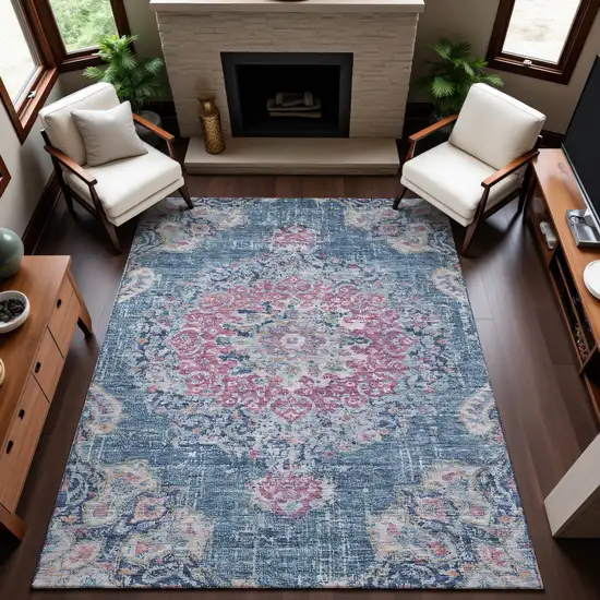 Blue Blush And Ivory Floral Washable Area Rug With UV Protection Photo 5