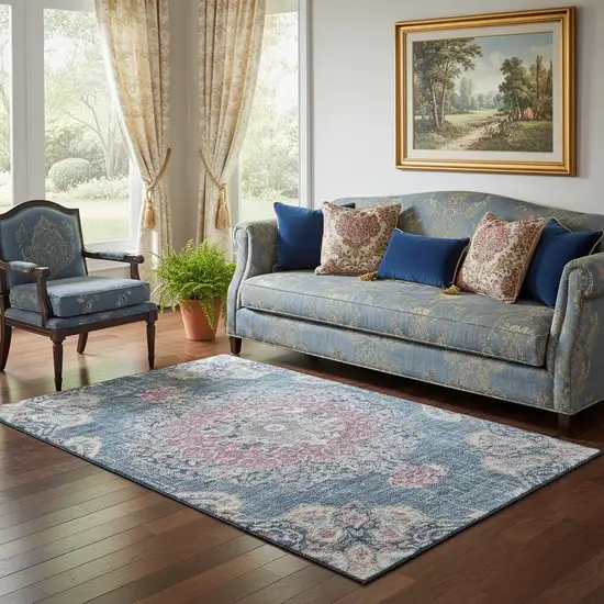 Blue Blush And Ivory Floral Washable Area Rug With UV Protection Photo 2