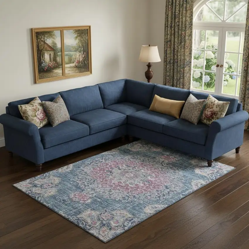 Blue Blush And Ivory Floral Washable Area Rug With UV Protection Photo 2